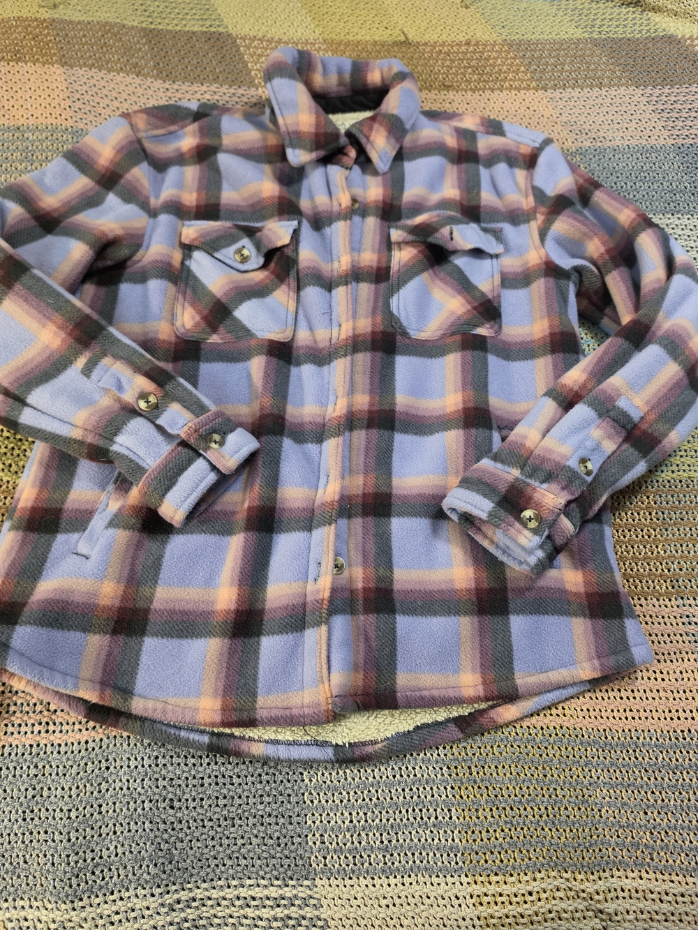 Sage Lavender Plaid Fleece Shirt Jacket with Pink and Gray Accents